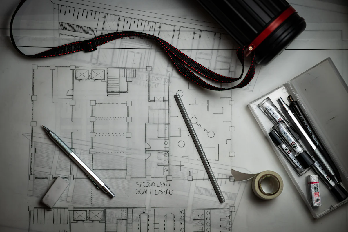 Architectural floor plans with drafting pencils and a scale ruler